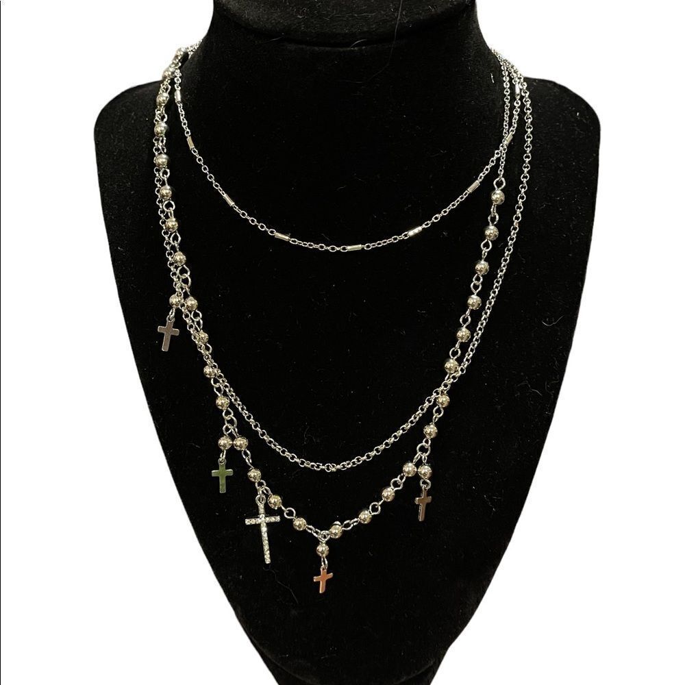 NWT New York & Co silver tone multiple layer necklace with cross charms